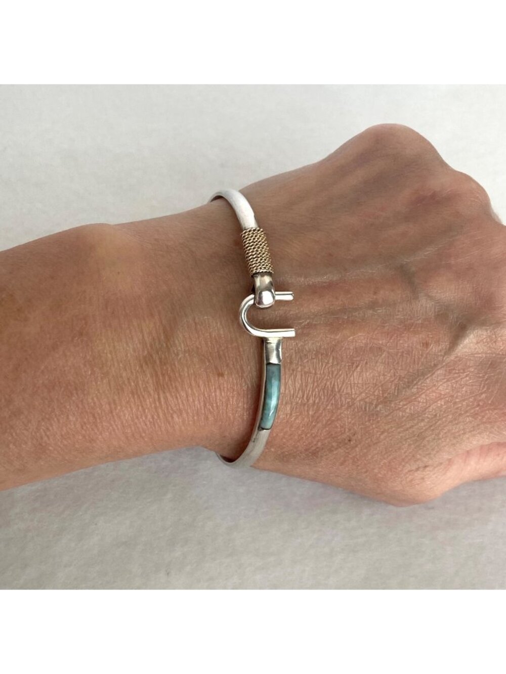 Sterling Silver 925 14K Gold Larimar Mines U Hook St. Croix Bangle Bracelet